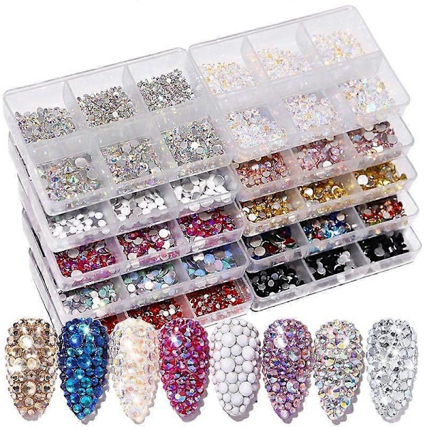 Champagne AB Flatback Neglekunst Rhinestones Sæt, 6 Rum, DIY Manicure Dekoration, Blandede Farver Negledesign Værktøj3