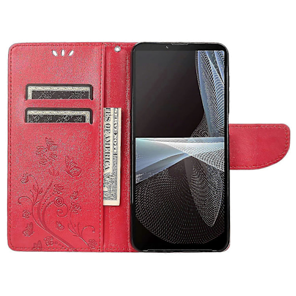 Sony Xperia 10 IV Fjäril Blomma Präglat Plånboksfodral - PU Läder Ställ Flip Omslag Grå