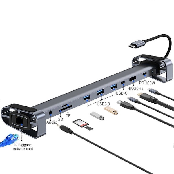 USB 3.0 -telakointiasema 10-in-1 Hub -sovitin PD Ethernetillä, kompakti muotoilu, kannettava yleismallin Type-C -kannettavan telakointiasema
