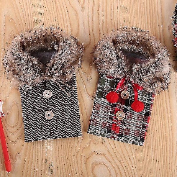 2 stycken Jul Vinflaskor Omslag Tröja Linne Rutig Vinflaska Klänning Kläder Vinflaskor Väskor Med Fuskpäls Krage Och Knapprock Design