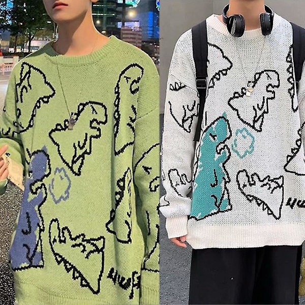 Søt Dinosaur Trykk Unisex Oversized Strikket Genser Topp - Svart