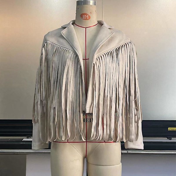Modekrage Öppen Framsida Fransad Performance Moto Faux Mocka Läder Crop Jacka Kappa för Dam (L, Beige)