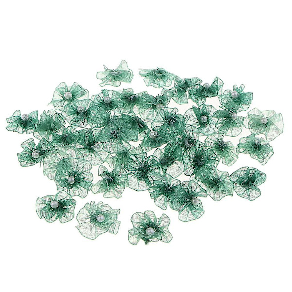5 x 40 Chiffonblommor med Pärlplatta Baksida Knappar Dekoration DIY Hantverk Grön