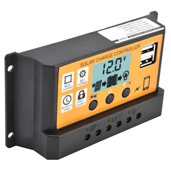 Smart ladekontroller solcellepanel dobbel USB 3-trinns PWM ladekontrollregulator 12V/24V10A