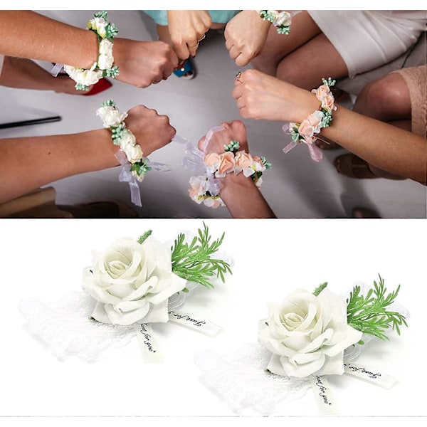 Handledsblommor för Bröllop - 2 Stycken Brudtärna Siden Handledsblomma Brud Korsage Bröllopsceremoni Dekorationstillbehör (Vit)