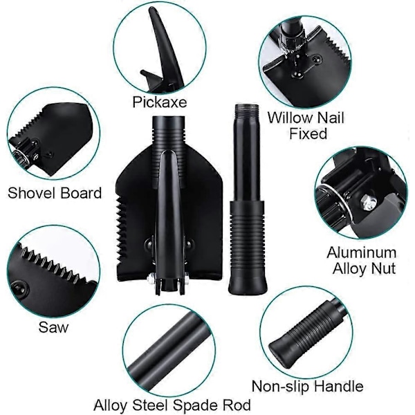 Mini Sammenleggbar Spade 40cm, Multifunksjonell Hagespade Karbonstål Overlevelsesspade med Bæreveske for Camping, Fotturer, Utendørsaktiviteter