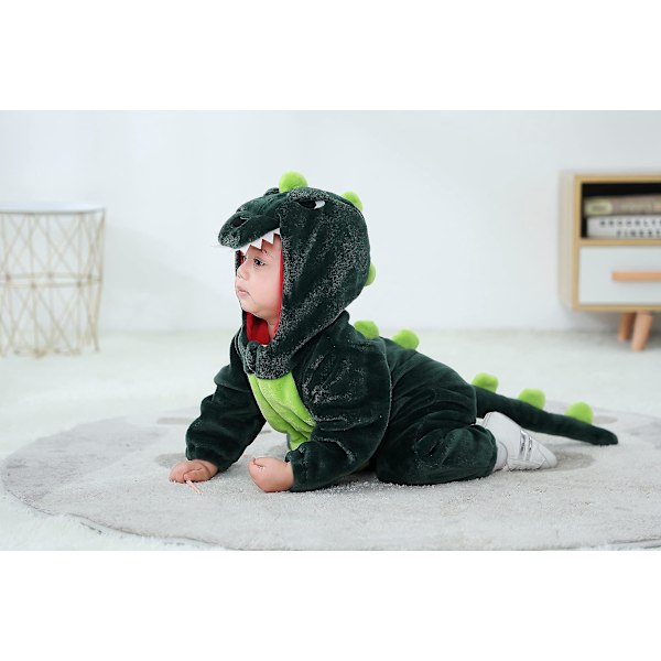 Toddler Dinosaur Kostym Huvtröja Onesie Halloween Barn Djurdräkt 18-24 Månader - Mörkgrön