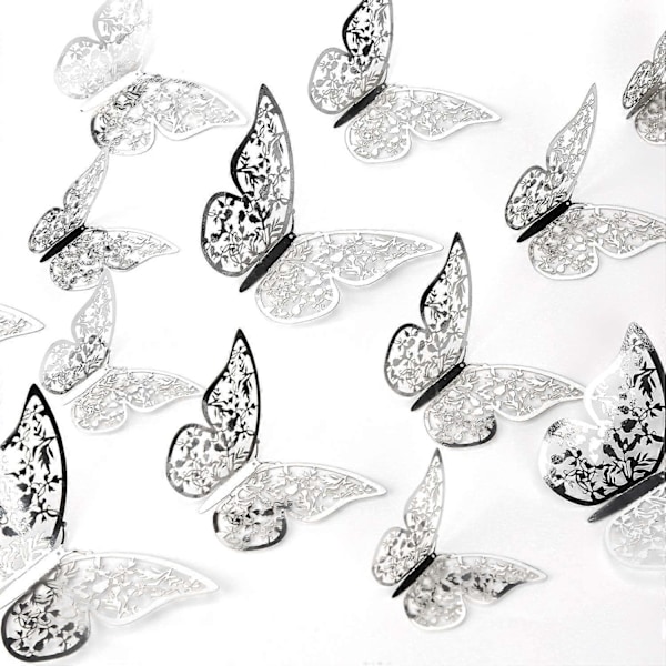 12 st 3D (Silver) Fjäril Väggdekaler 3 Storlekar Fjäril Väggdekorationer Rum