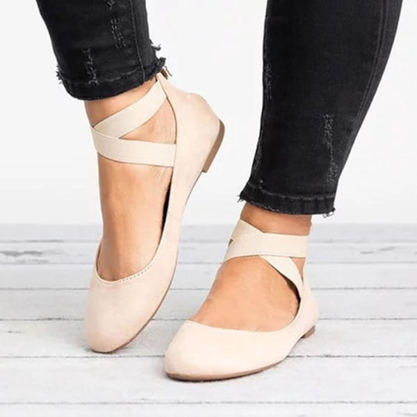 Cross Strap Low Heel Ballet Dance Pumps Sandals for Women, Beige Zipper Shoes - Size 41