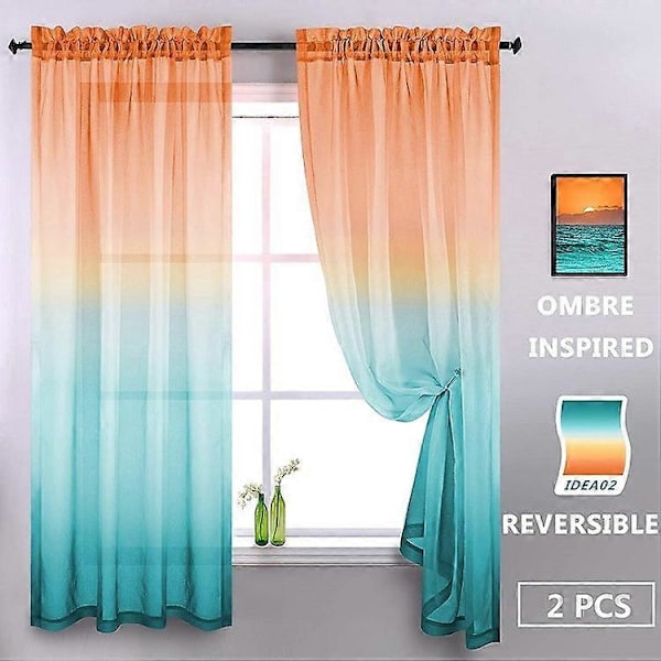 132*213 cm orange og grøn Øjettyl Gardiner Semi-Transparent Indvendig Gardiner til Soveværelse Stue Hjem