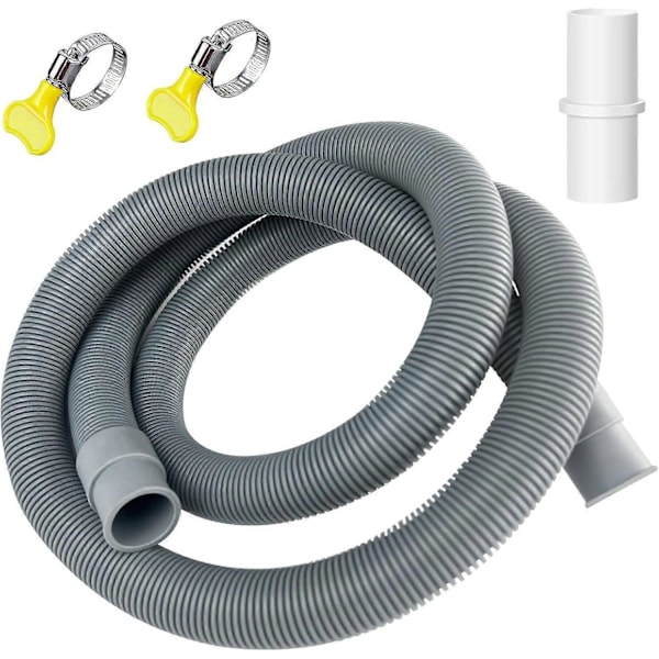 1,5 m x 20 mm afløbsslange til vaskemaskine, universal afløbsslange med beslag og klemmer, til vaskemaskine og opvaskemaskine, grå