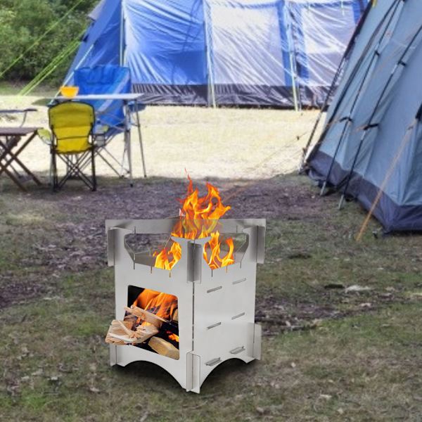 Bærbar rustfrit stål foldbar træbrændende komfur mini komfur til udendørs camping rejse vandreture picnic