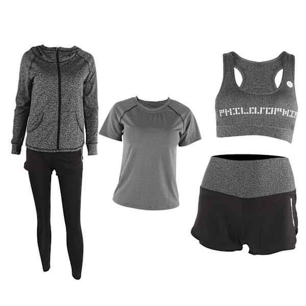 5-delad yogasett för kvinnor, sportkläder, gymjacka, långärmad topp, leggings, shorts, yogadräkt, mörkgrå, XXL