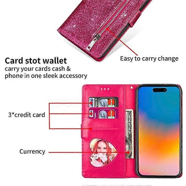 Kompatibel med iPhone 16 Pro Max Etui Glitter Læder Stativ Telefonetui Lynlåslomme Red