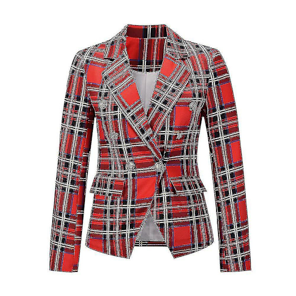 Stilful Slim Fit Tartan Blazer til kvinder - Langærmet jakke med knapper, rød, XL