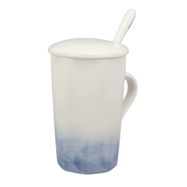 400 ml keramisk krus med blækmalingsstil - kaffekrus i keramik med ske og låg til hjemmet/kontoret - blå