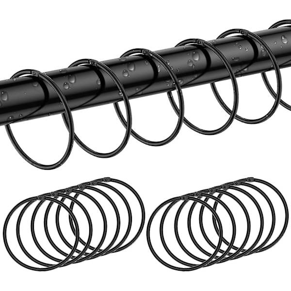 Sorte rustsikre dusjgardinkroker - sett med 24 runde metallkroker for baderom, slamrom, vinduer - Enkel skyvning - Home Decor