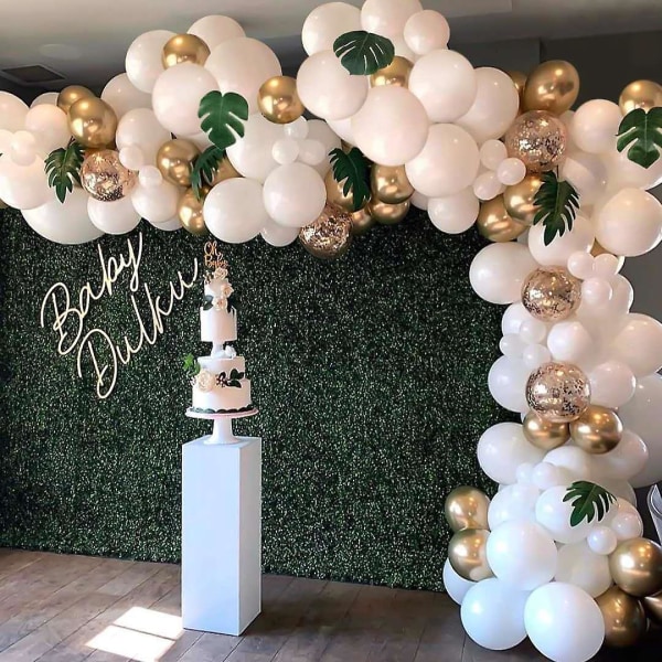 Sage Green Balloon Garland Kit med hvite og gullballonger for jungelbursdagsdekor, babydusj, bryllup eller safarifest