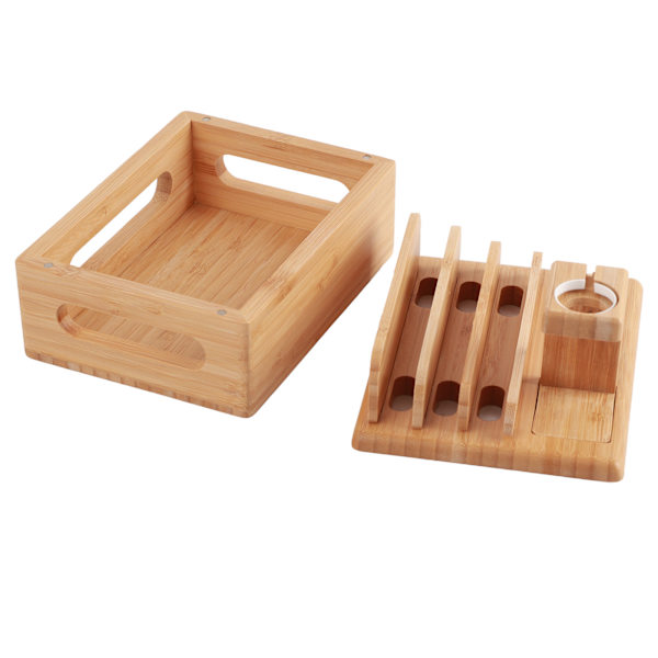 Bambus Enhed Organizer Stativ Mobiltelefon Tablet Ur Holder Skrivebord Opbevaringsboks Gaver