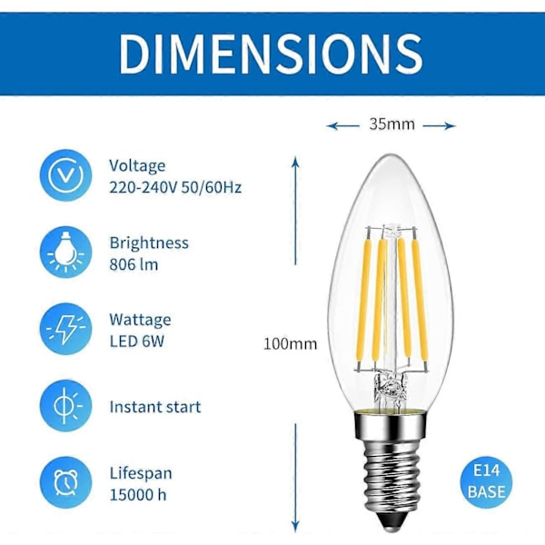 4W E14 LED Filament Pære, 806 Lumen svarende til 60W Vintage Halogenpære, Varm Hvid 2700K, Ikke-dæmpbar, Pakke med 6