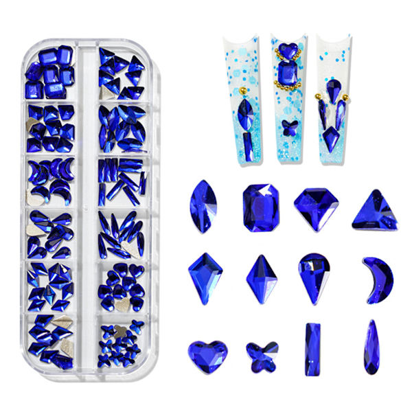 Nagelkonst Dekorationer Set 12 Galler Olika Former Platt Botten Manikyr Dekorativa Ornament för Nagelsalong Rhinestone Blå