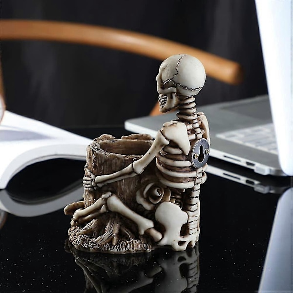 Halloween Kraniehoved Penholder Menneskekranier Skræmmende Indretning Kosmetik Organizer Halloween Fest