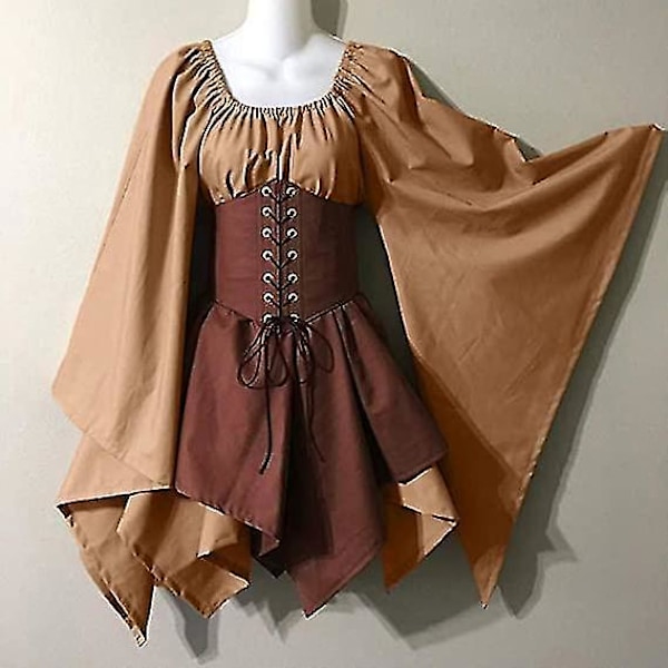 Keskiaikainen renessanssi-piratti-korsettimekko liehuvin hihoin - Perinteinen irlantilainen lyhyt mekko khaki/ruskeana - Naisten 4XL