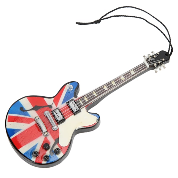 Musikkinstrumentanheng i britisk flagg-stil, gitarform i tre, utsøkt vakker, fin detaljert minianheng