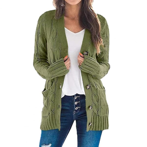 Twist Pattern V-hals Strikket Cardigan Genser for Kvinner M Rosa