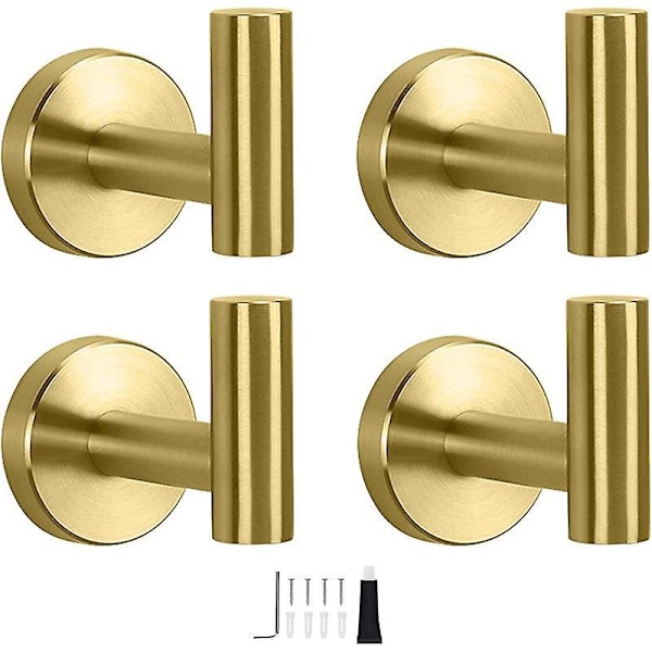Set med 4 självhäftande krokar i guld rostfritt stål för handdukar, badrock, hatt, svampar, nycklar - köksdörr, sovrum, badrum (guld)