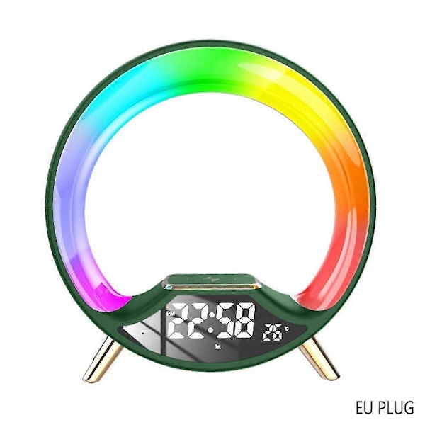 Bluetooth-kompatibel högtalare med färgcirkelljus, klocka, stereosurroundbas, musikbox för kontorsbord, hem, DGZD EU-kontakt, grön