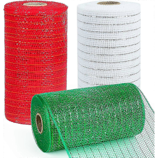 3 Rullar Meshband, 15 cm x 9,1 meter, Röd Grön Vit Randig Dekorationsmesh för Kransar, Girlanger och Juldekoration_SZXM