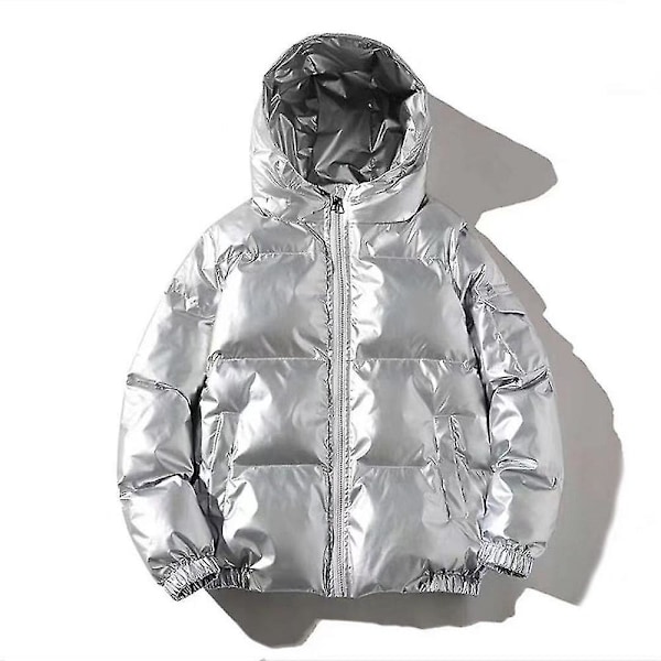Tjock vinterjacka med huva för män - Lös passform, blank silver (4XL)