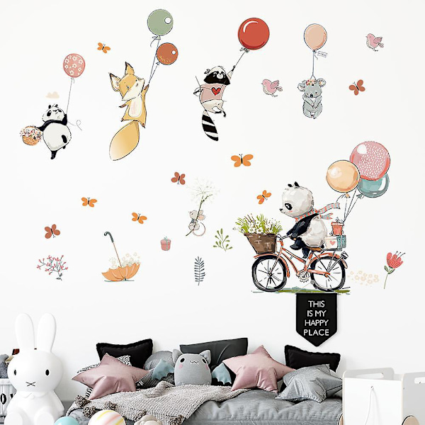1 st Väggdekal, Panda Ballonger Djur Blommor Fåglar, Väggdekaler för Barn/Baby Sovrum, Väggdekal för Flickors Sovrum, Väggdekaler Djur Blommor