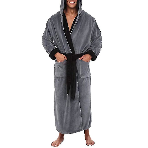 Hættetrøje Badekåbe Natkjole til Mænd, Grå Sort Fleece Morgenkåbe 2XL