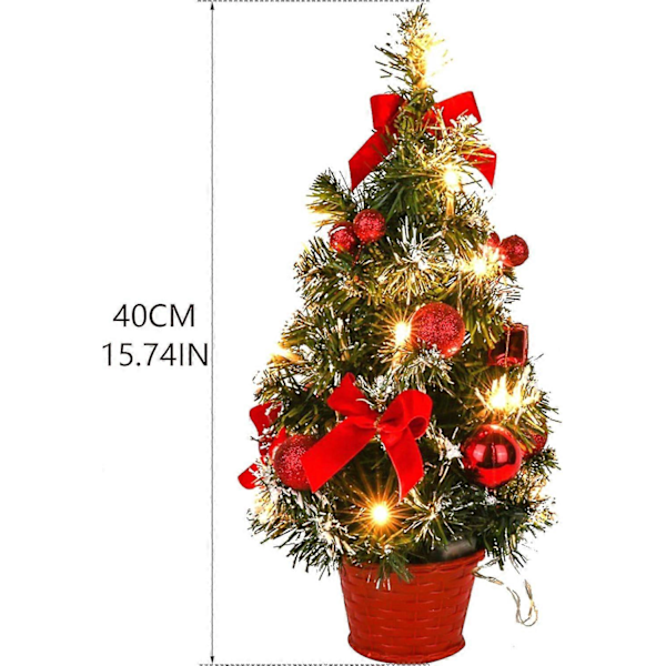 Lysende Kunstig Juletre med Hvit Snø, 40 cm Lite Bordjuletre LED Lyslenker med Sløyfe og Kongle