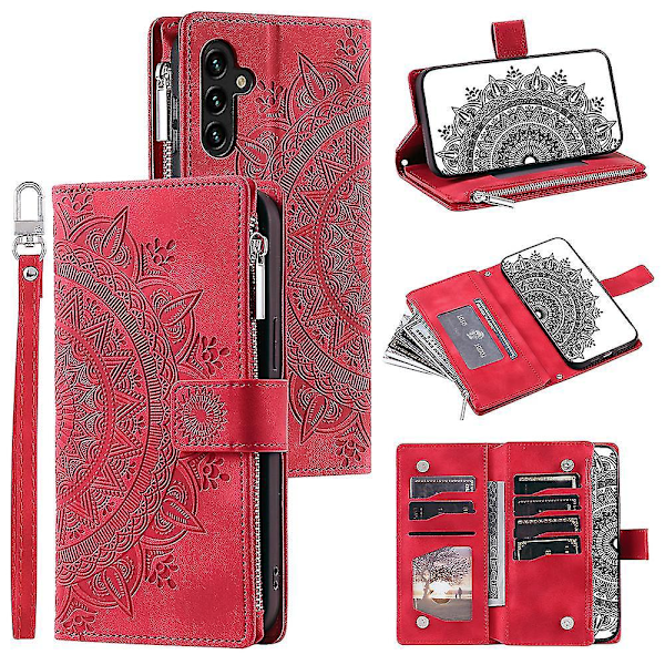 Til Samsung Galaxy A54 5G PU Læder Mandala Blomst Præget Håndtaske Lynlåslomme Etui Stativ Flere Kortpladser Flip Cover med Rem - B6 Rød
