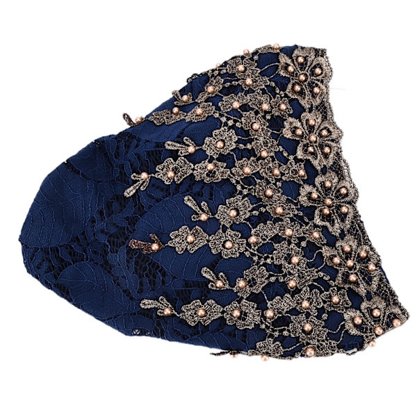 Huvudduk Fashionabla Kvinnors Muslimska Sjal Turban Retractable Retro Broderad Pärlhatt Djupblå