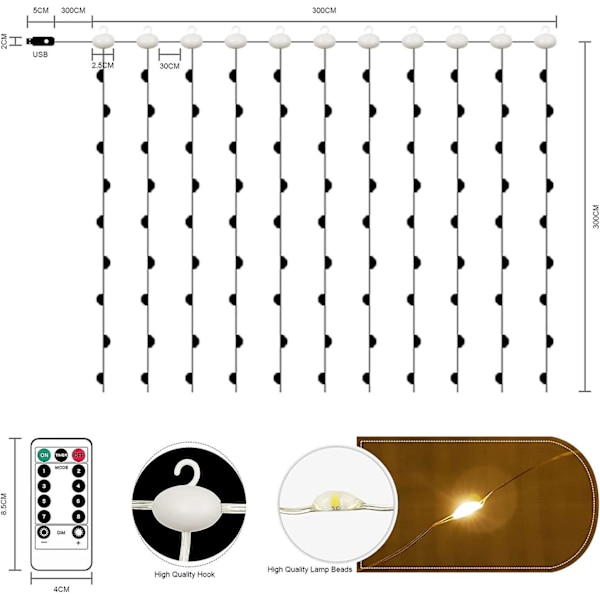 3m*3m varmvit LED-gardinljus med fjärrkontroll och timer för sovrum, USB driven, 8 ljuslägen - perfekt bröllopsinredning