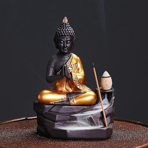 Gylden Buddha Tilbageflydende Røgelsebrænder med Kaskaderende Kegler Hjemmedekoration Statue Ornament Gave