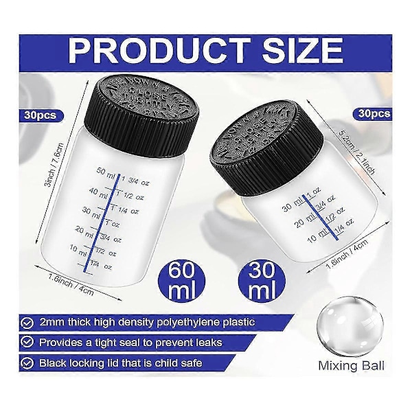 60 stk. Touch Up malingsflasker med applikatorbørste og lokk, 2 Oz og 1 Oz flytende kapasitet, plast