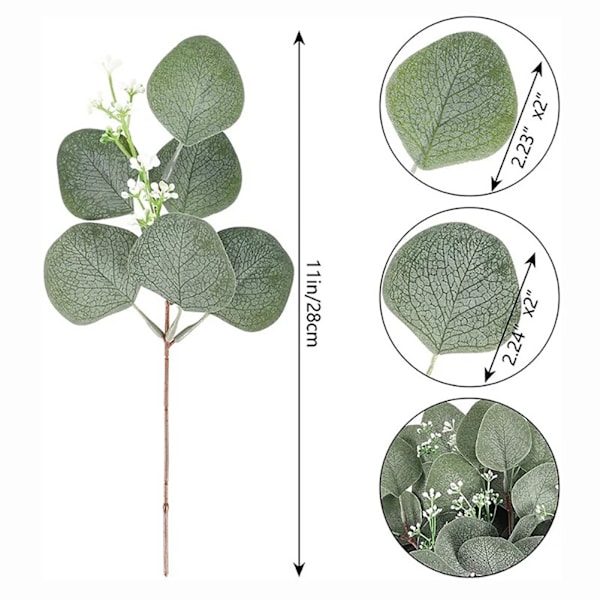 24 stk. kunstige eukalyptusgrene med runde eukalyptusblade og hvide blomsterdekorationer - kunstig bryllupsdekoration