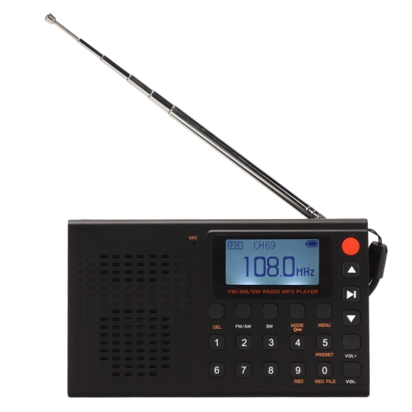 Bærbar Bluetooth-radio AM FM SW Full Band MP3-spiller Oppladbar radio med tidsopptaksfunksjon