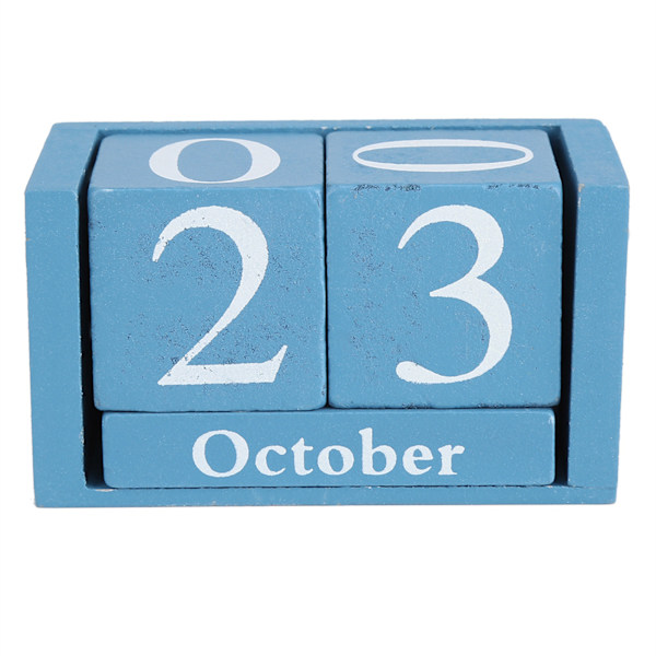 Vintage trækalender Desktop Træblok Måned Dato Vis Hjemmekontor Dekoration Blå