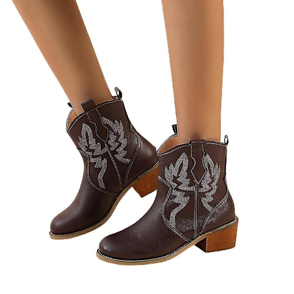 Low-cut Coffee Cowboy Ankle Boots for Women, Mid Heel & Wide Width