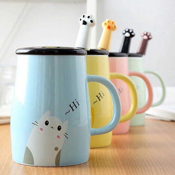 Söt Kattmugg Rolig keramisk kaffemugg med rostfri klo-sked (blå), ny kaffemugg