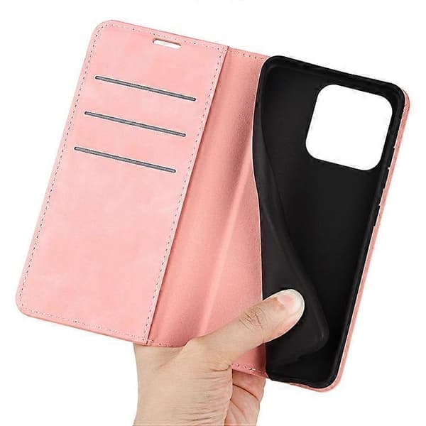 Kompatibel med iPhone 15 Ridsefast PU-læderpungcover med stativfunktion Pink