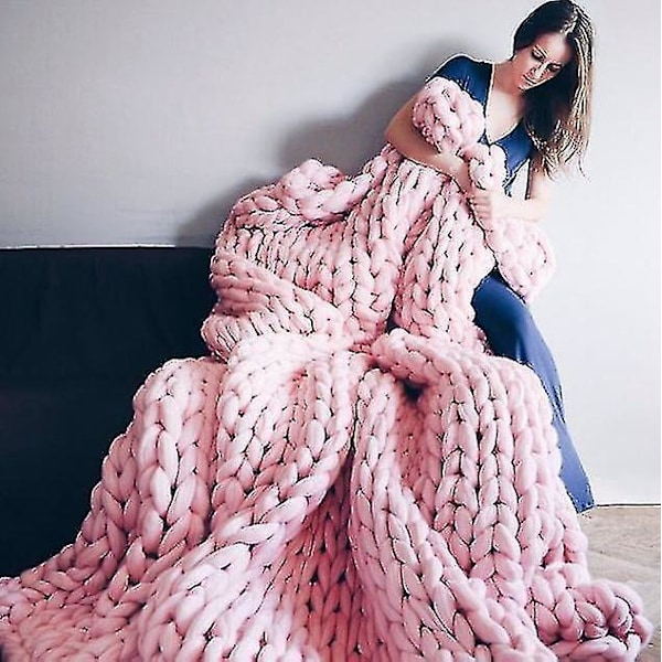 Tykk strikket rosa ullpledd 80x80cm