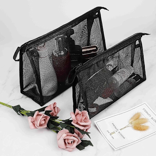 Rejse Toilet Taske Kosmetik Taske med Lynlås Mesh Makeup Ting Organizer Tasker til Mænd og Kvinder Sport, Svømning, Camping (2 Størrelser Sort)