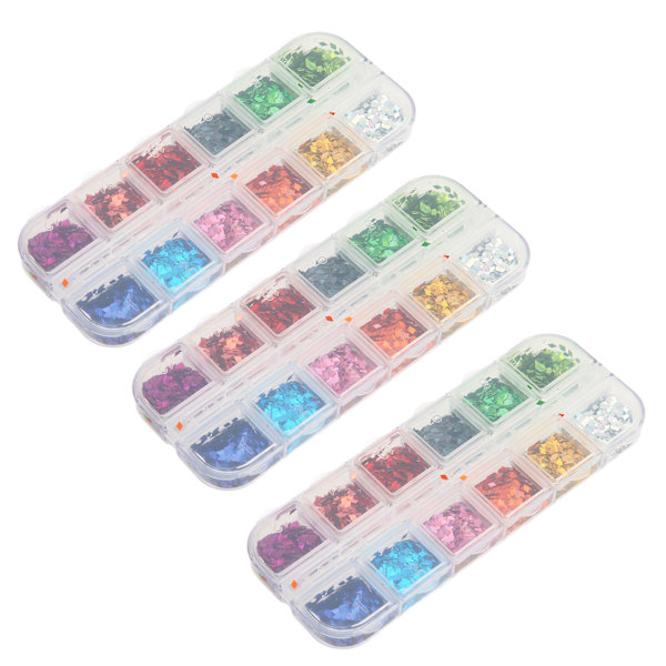 3 lådor nagelpaljetter färgglada 12 fack laser kvadrat nagelkonst glitter paljetter för nageldekorationer